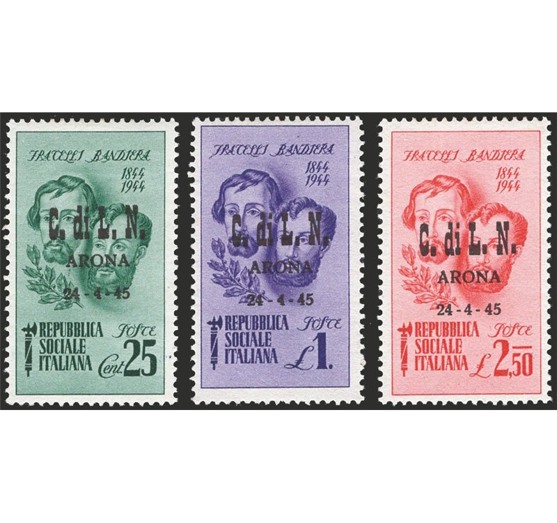 Emissioni C.L.N. - Arona - 1944 - Fratelli Bandiera soprast., serie n° 11/13. Firm.: Raybaudi - Chia. Timbrino Scotto. Cat. € 16