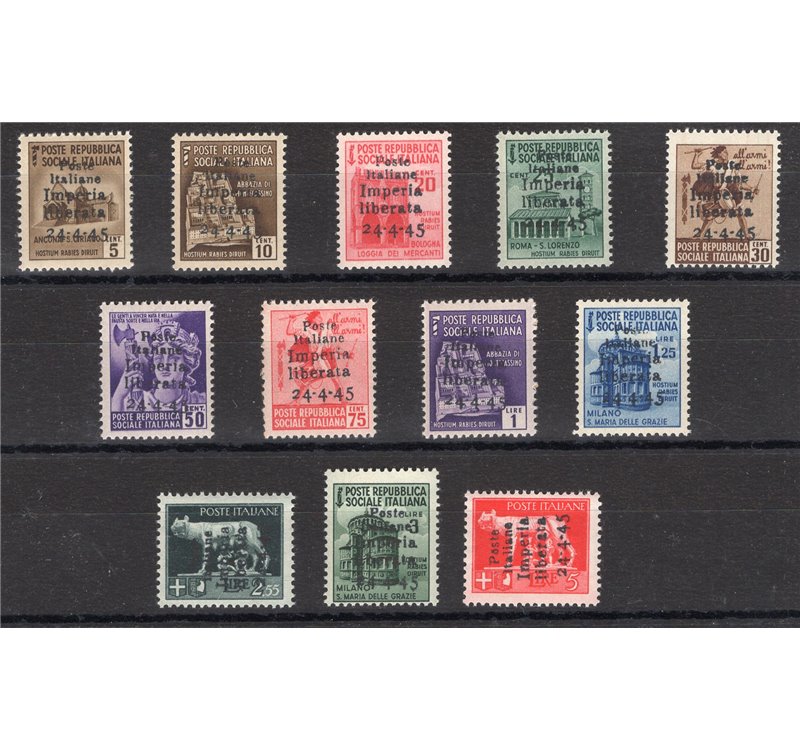 Emissioni C.L.N. - Imperia - 1945 - Imperiale e R.S.I Monumenti Distrutti soprast., serie n° 1/12. Cert.: Biondi. Cat. € 1.650 (
