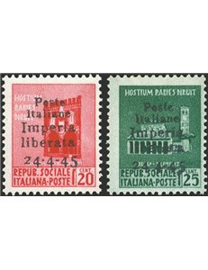 Emissioni C.L.N. - Imperia - 1945 - Monumenti distrutti soprast., serie n° 22/23. Cert.: Biondi. Cat. € 4.000 (**)
