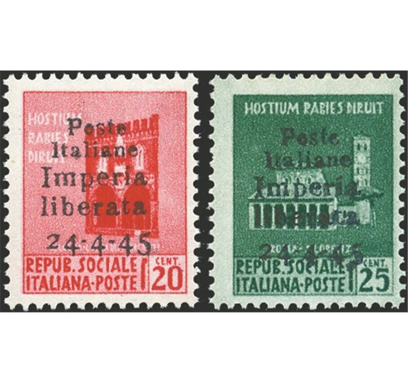 Emissioni C.L.N. - Imperia - 1945 - Monumenti distrutti soprast., serie n° 22/23. Cert.: Biondi. Cat. € 4.000 (**)