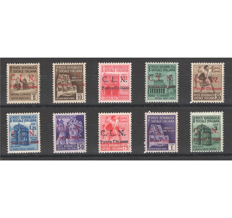 Emissioni C.L.N - Ponte Chiasso - 1945 - Monumenti distrutti soprast., serie n° 1/10. Cert.: Biondi. Cat. € 7.000 (**)