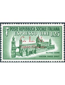 Emissioni C.L.N - Ponte Chiasso - 1945 - Monumenti distrutti 1,25 £ verde soprast., n° 14. Cert.: Biondi. Cat. € 11.000 (*)