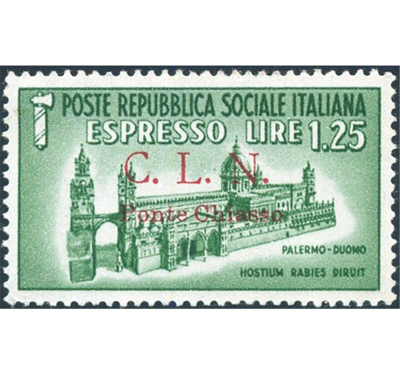 Emissioni C.L.N - Ponte Chiasso - 1945 - Monumenti distrutti 1,25 £ verde soprast., n° 14. Cert.: Biondi. Cat. € 11.000 (*)