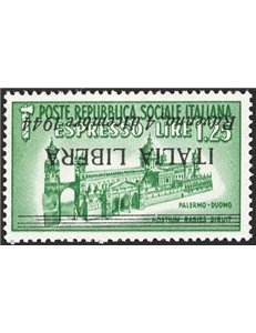 Emissioni C.L.N - Ravenna - 1945 - Monumenti distrutti 1,25 £ verde con soprast. capovolta, CEI n° 9a. Cert.: IC. Cat. € 9.000 (