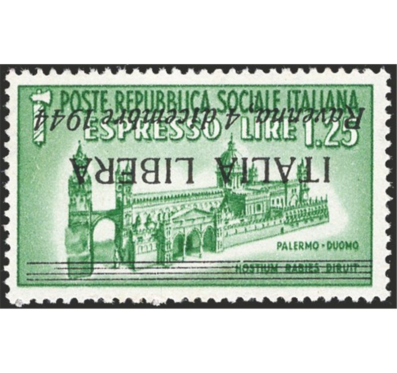 Emissioni C.L.N - Ravenna - 1945 - Monumenti distrutti 1,25 £ verde con soprast. capovolta, CEI n° 9a. Cert.: IC. Cat. € 9.000 (
