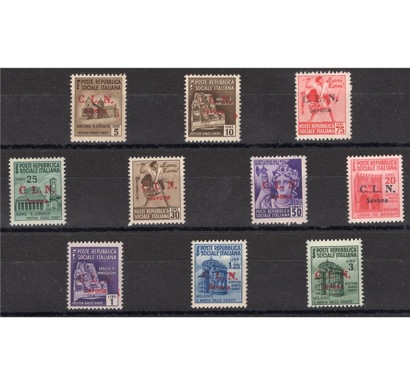 Emissioni C.L.N - Savona - 1945 - Monumenti distrutti soprast., serie n° 1/11. Cert.: Biondi. Cat. € 1.150 (**)