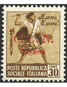 Emissioni C.L.N - Savona - 1945 - Tamburino 30 c. soprast. con filigrana corona, n° 12. Cert.: Biondi. Cat. € 7.000 (**)