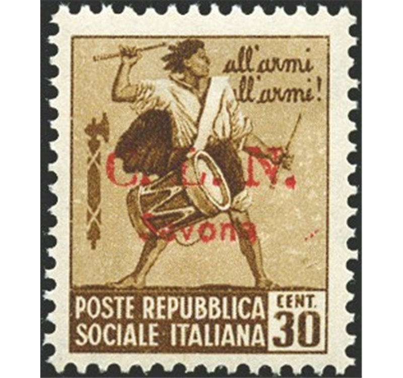 Emissioni C.L.N - Savona - 1945 - Tamburino 30 c. soprast. con filigrana corona, n° 12. Cert.: Biondi. Cat. € 7.000 (**)
