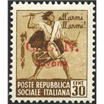 Emissioni C.L.N - Savona - 1945 - Tamburino 30 c. soprast. con filigrana corona, n° 12. Cert.: Biondi. Cat. € 7.000 (**)