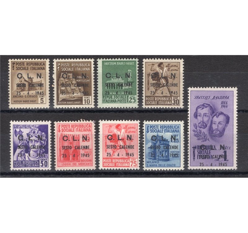 Emissioni C.L.N. - Sesto Calende - Fratelli Bandiera soprast., serie n° 1/9. Cert.: Raybaudi. Cat. € 3.750 (**)