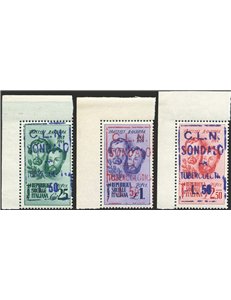 Emissioni C.L.N. - Sondalo - 1945 - Fratelli Bandiera soprast., CEI serie n° 1/3 angolo di foglio. Cert.: Biondi. Cat. € 3.000 (