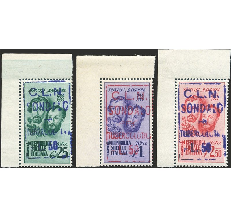 Emissioni C.L.N. - Sondalo - 1945 - Fratelli Bandiera soprast., CEI serie n° 1/3 angolo di foglio. Cert.: Biondi. Cat. € 3.000 (