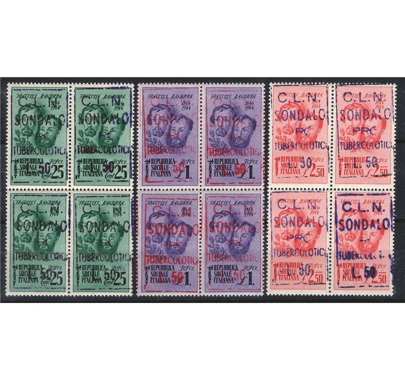 Emissioni C.L.N. - Sondalo - 1945 - Fratelli Bandiera soprast., CEI serie n° 1/3 in quartina. Cert.: Biondi. Cat. € 12.000+ (**)