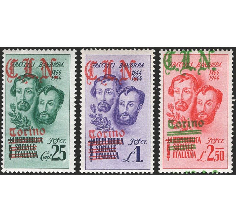 Emissioni C.L.N. - Torino - Fratelli Bandiera soprast., serie n° 32/34. Cert.: IC. Cat. € 1.500 (**)