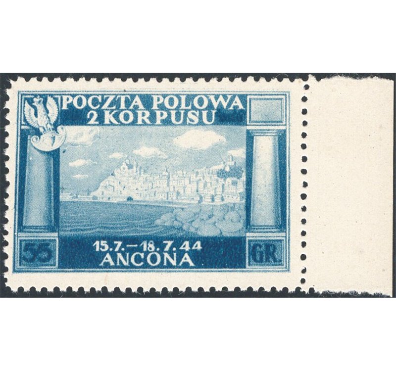 Corpo Polacco - 1946 - Vittorie Polacche 55 g. azzurro su carta giallastra spessa gommato, n° 6A. Cert.: IC. Cat. € 260 (**)