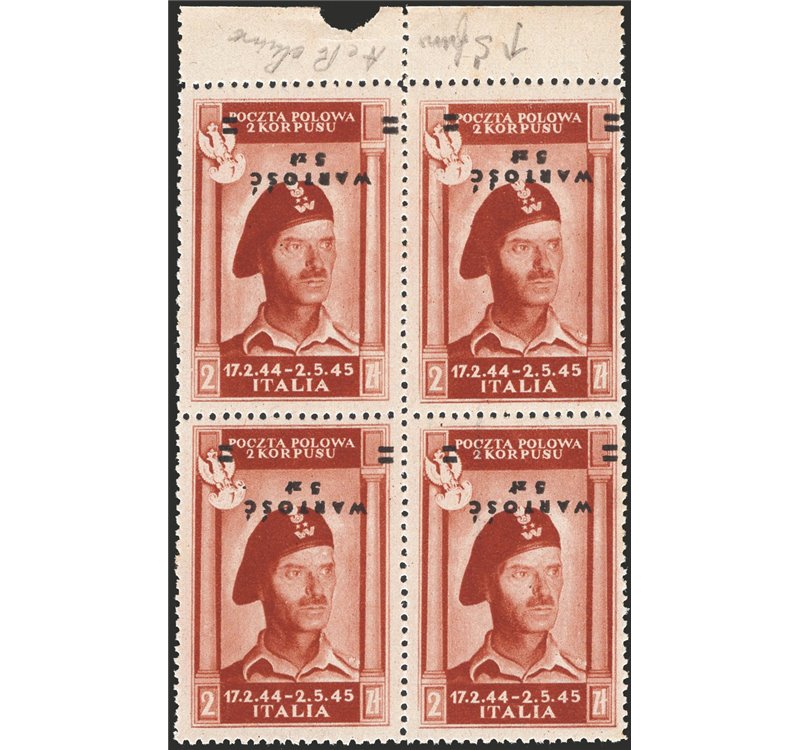 Corpo Polacco - 1946 - P.A. francobollo di posta ordinaria 2 zl. bruno rosso con soprast. capovolta in quartina bordo di foglio,