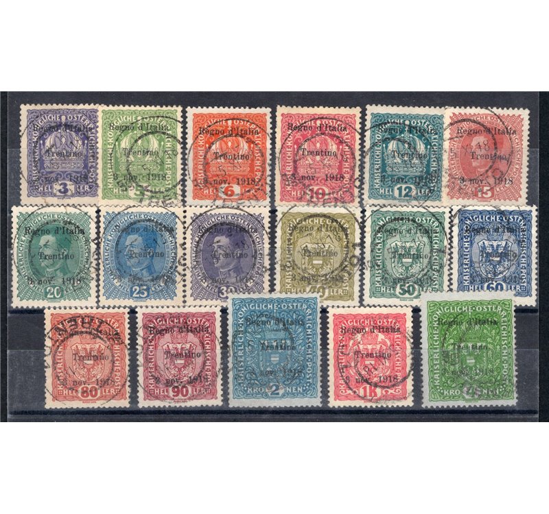 Terre Redente - Trentino Alto Adige - 1918 - Francobolli d’Austria soprast., serie n° 1/17. Firm.: G. Bolaffi - Caffaz - Chia - 