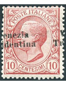 Terre Redente - Trentino Alto Adige - 1918 - 10 c. soprast. obliqua e fortemente spostata a sinistra, n° 22i. Cert.: Biondi. Cat