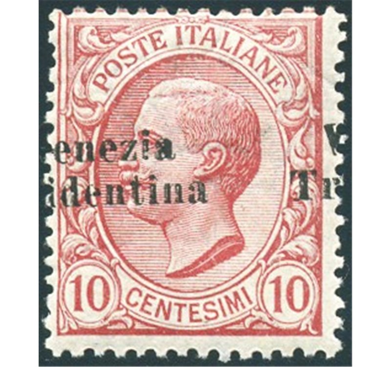Terre Redente - Trentino Alto Adige - 1918 - 10 c. soprast. obliqua e fortemente spostata a sinistra, n° 22i. Cert.: Biondi. Cat