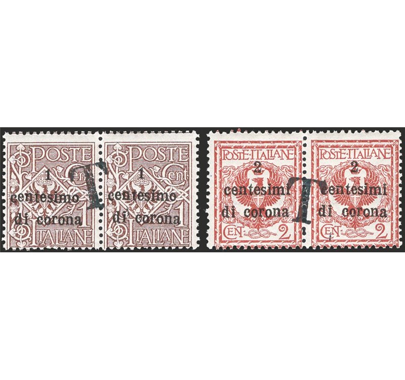 Terre Redente - Trentino Alto Adige - Bolzano 1 - 1918/19 - Trento e Trieste coppie del 1 c. e 2 c. con soprast. di una sola "T"