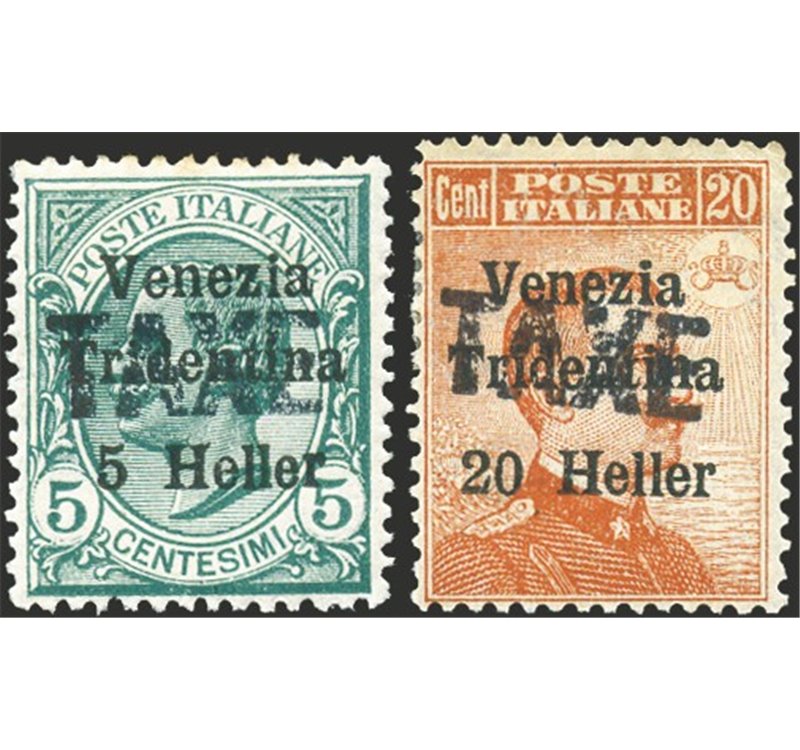 Terre Redente - Trentino Alto Adige - Bolzano 3 - 1918/19 - Venezia Tridentina 5 h. e 20 h. con soprast. "TAXE" orizzontale, ser