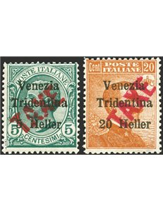 Terre Redente - Trentino Alto Adige - Bolzano 3 - 1918/19 - Venezia Tridentina 5 h. su 5 c. e 20 h. su 20 c. con soprast. "TAXE"