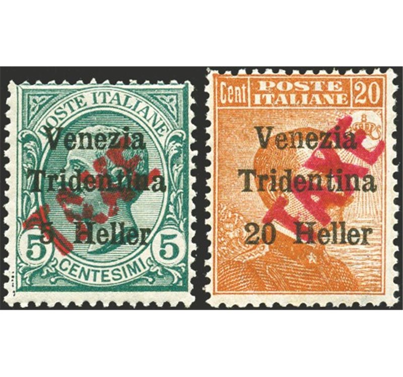 Terre Redente - Trentino Alto Adige - Bolzano 3 - 1918/19 - Venezia Tridentina 5 h. su 5 c. e 20 h. su 20 c. con soprast. "TAXE"