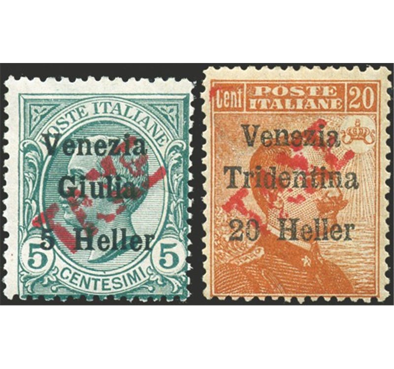 Terre Redente - Trentino Alto Adige - Bolzano 3 - 1918/19 - Venezia Tridentina 5 h. su 5 c. e 20 h. su 20 c. con soprast. "TAXE"