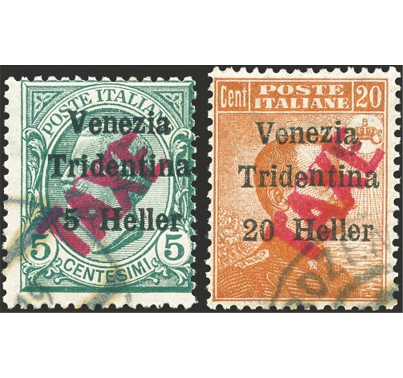 Terre Redente - Trentino Alto Adige - Bolzano 3 - 1918/19 - Venezia Tridentina 5 h. su 5 c. e 20 h. su 20 c. con soprast. "TAXE"