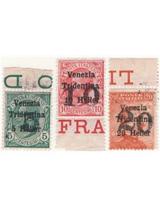 Terre Redente - Trentino Alto Adige - Bolzano 3 - 1918/19 - Venezia Tridentina con soprast. azzurro nerastra, serie n° BZ3 88/90