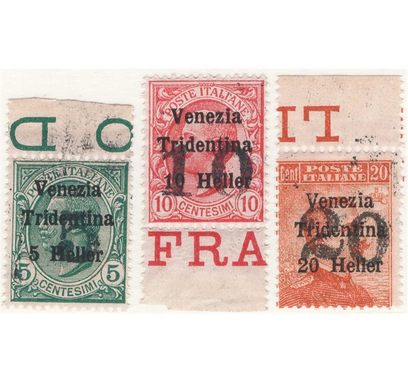 Terre Redente - Trentino Alto Adige - Bolzano 3 - 1918/19 - Venezia Tridentina con soprast. azzurro nerastra, serie n° BZ3 88/90