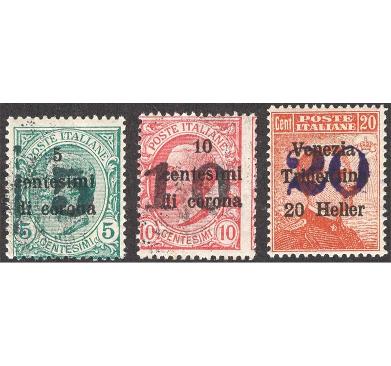 Terre Redente - Trentino Alto Adige - Bolzano 3 - 1918/19 - Trento e Trieste con soprast. azzurro nerastra, serie n° BZ3 91/93. 