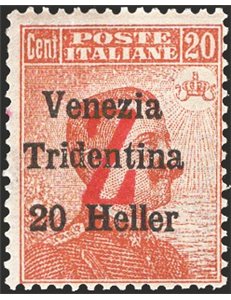 Terre Redente - Trentino Alto Adige - Bolzano 3 - 1918/19 - Venezia Tridentina 20 h. arancio con soprast. rossa di una "Z", n° B