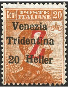 Terre Redente - Trentino Alto Adige - Bolzano 3 - 1918/19 - Venezia Tridentina 20 h. arancio con soprast. rossa di una "Z", n° B
