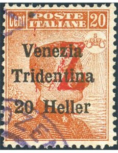 Terre Redente - Trentino Alto Adige - Bolzano 3 - 1918/19 - Venezia Tridentina 20 h. arancio con soprast. rossa di una "Z", n° B