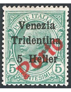 Terre Redente - Trentino Alto Adige - Bolzano 3 - 1919 - Venezia Tridentina 5 h. su 5 c. verde soprast. “PORTO”, n° BZ3 115. Cer