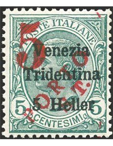 Terre Redente - Trentino Alto Adige - Bolzano 3 - 1918/19 - Venezia Tridentina 5 h. verde con soprast. a macchina in verde "5" e
