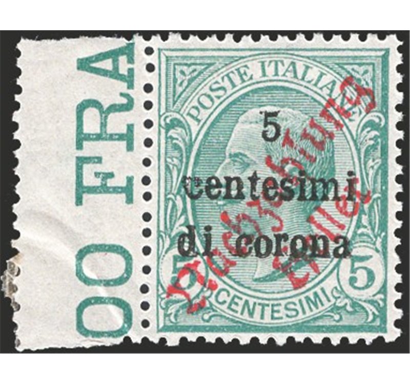 Terre Redente - Trentino Alto Adige - Tirolo e Lana - Trento e Trieste 5 c. soprast “Nachzahiung Heller” in rosso, n° 1. Cat. € 