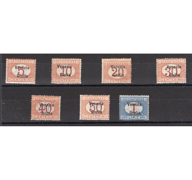 Terre Redente - Venezia Giulia - 1918 - Segnatasse soprast., serie n° 1/7. Cert.: Biondi. Cat. € 4.000 (**)