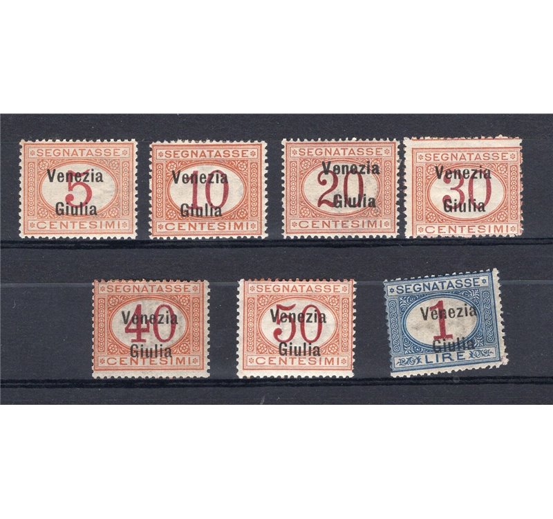 Terre Redente - Venezia Giulia - 1918 - Segnatasse soprast., serie n° 1/7. Cert.: IC. Cat. € 1.600 (*)