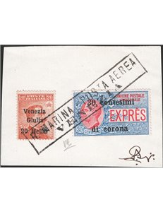 Terre Redente - Venezia Giulia - 1919 - Frammento affrancato con Michetti 20 h. su 20 c. + Ex 30 c. di corona annullati con il r