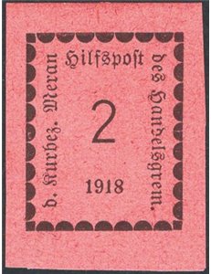 Terre Redente - Merano - 1918 - Cifra in rettangolo 2 h. su carta rosa salmone, n° 1. Cert.: IC. Cat. € 800 (**)