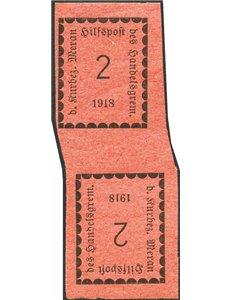 Terre Redente - Merano - 1918 - Cifra in rettangolo tete-beche 2 h. su carta rosa salmone, n° 1c. Cert.: IC. Cert.: Biondi. Cat.