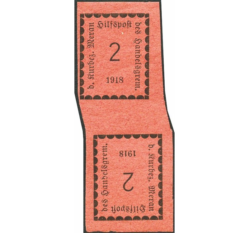Terre Redente - Merano - 1918 - Cifra in rettangolo tete-beche 2 h. su carta rosa salmone, n° 1c. Cert.: IC. Cert.: Biondi. Cat.