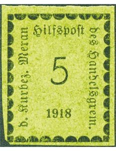 Terre Redente - Merano - 1918 - Cifra in rettangolo del 5 h. su carta verde oliva non dent., n° 2. Cert.: IC. Cert.: Biondi. Cat