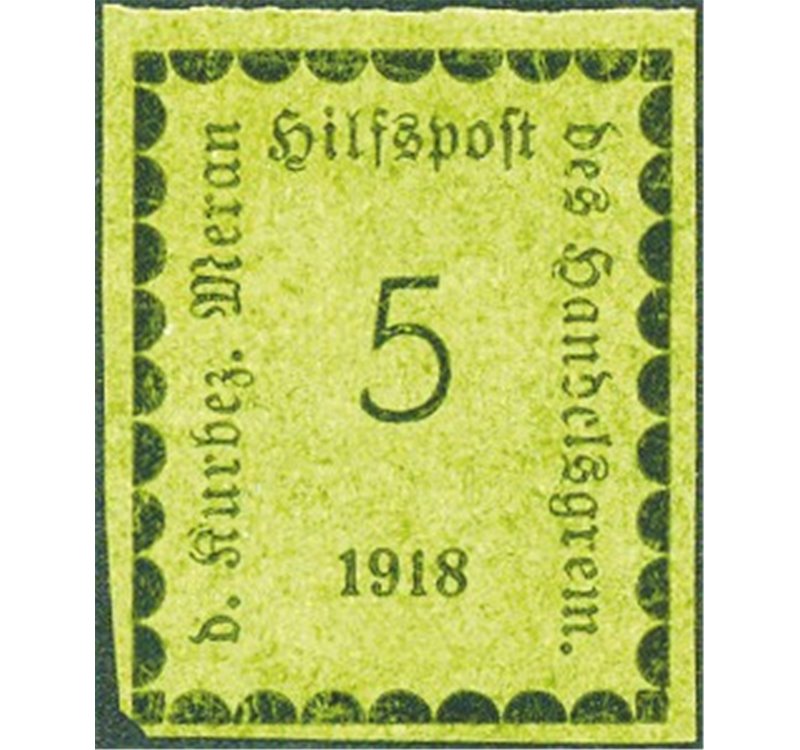 Terre Redente - Merano - 1918 - Cifra in rettangolo del 5 h. su carta verde oliva non dent., n° 2. Cert.: IC. Cert.: Biondi. Cat