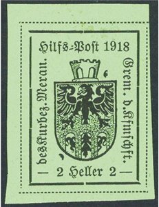 Terre Redente - Merano - 1918 - Stemma comunale 2 h. verde chiaro in rettangolo su carta levigata e semilucida, gomma giallastra