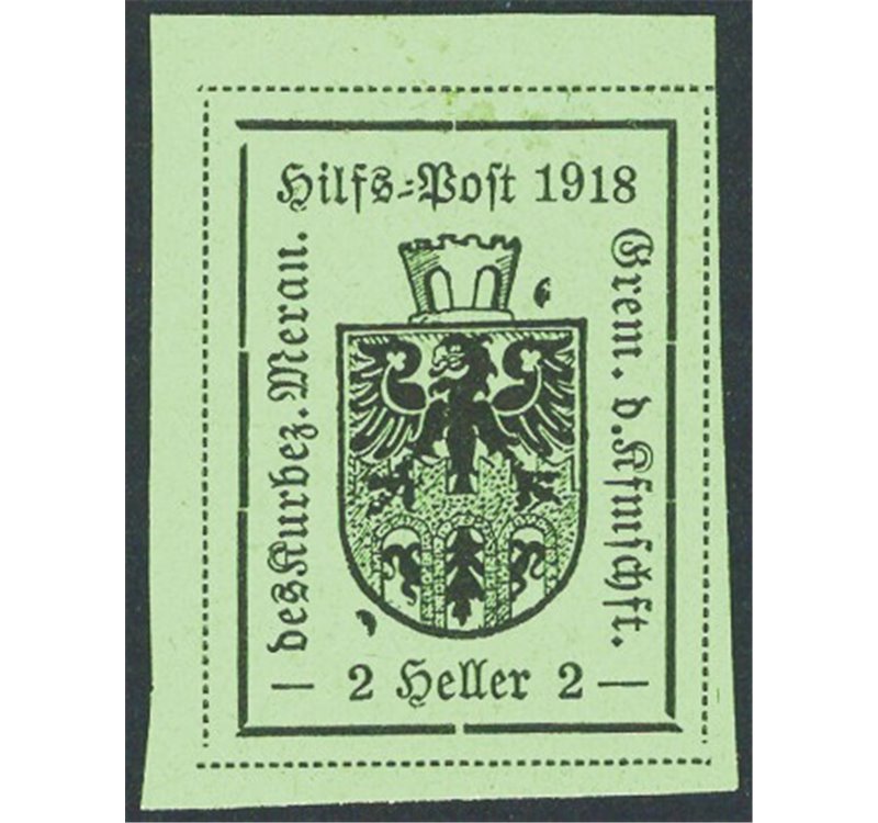 Terre Redente - Merano - 1918 - Stemma comunale 2 h. verde chiaro in rettangolo su carta levigata e semilucida, gomma giallastra