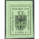 Terre Redente - Merano - 1918 - Stemma comunale 2 h. verde chiaro in rettangolo su carta levigata e semilucida, gomma giallastra