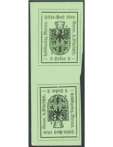 Terre Redente - Merano - 1918 - Stemma comunale tete-beche del 2 h. verde chiaro in rettangolo su carta levigata e semilucida de